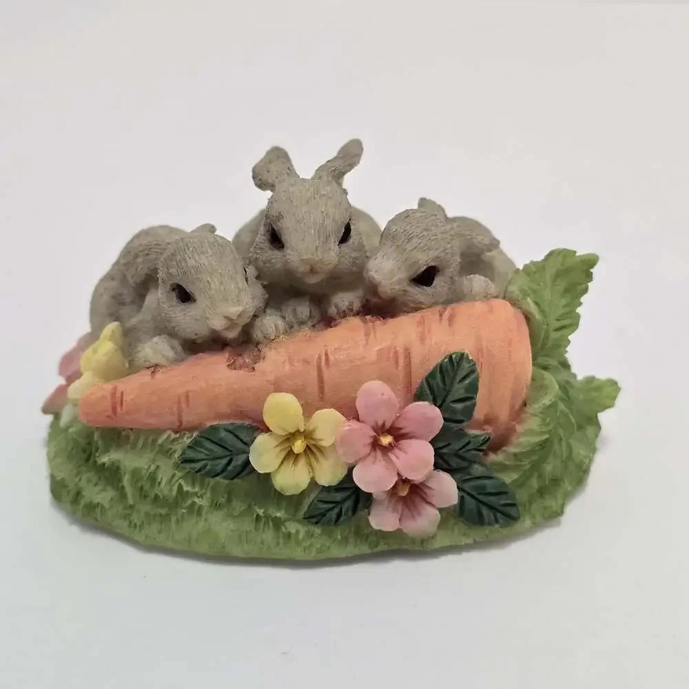 Russ Berrie Nature's Wonder Bunny Figurine #13975 Rabbits with Carrot & Flowers